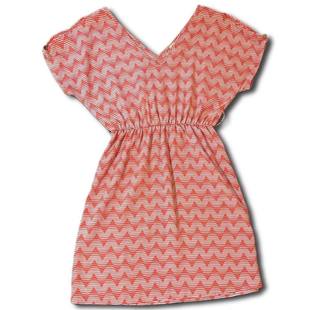 Needle & Thread Women's Orange/White Chevron V-Neck Summer Mini Dress 34" Long